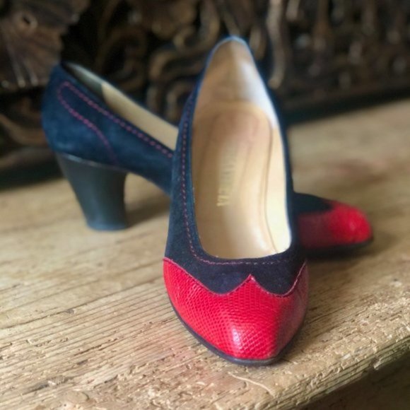 Vtg BOTTEGA VENETA Wingtip Snakeskin Leather Suede Contrast Stitch Heels 6.5 - Picture 5 of 16